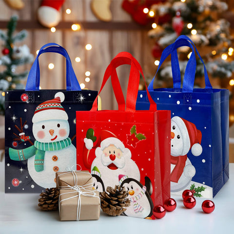 Wrapables Non-Woven Reusable Cheerful Christmas Gift Bags: Santa and Snowman