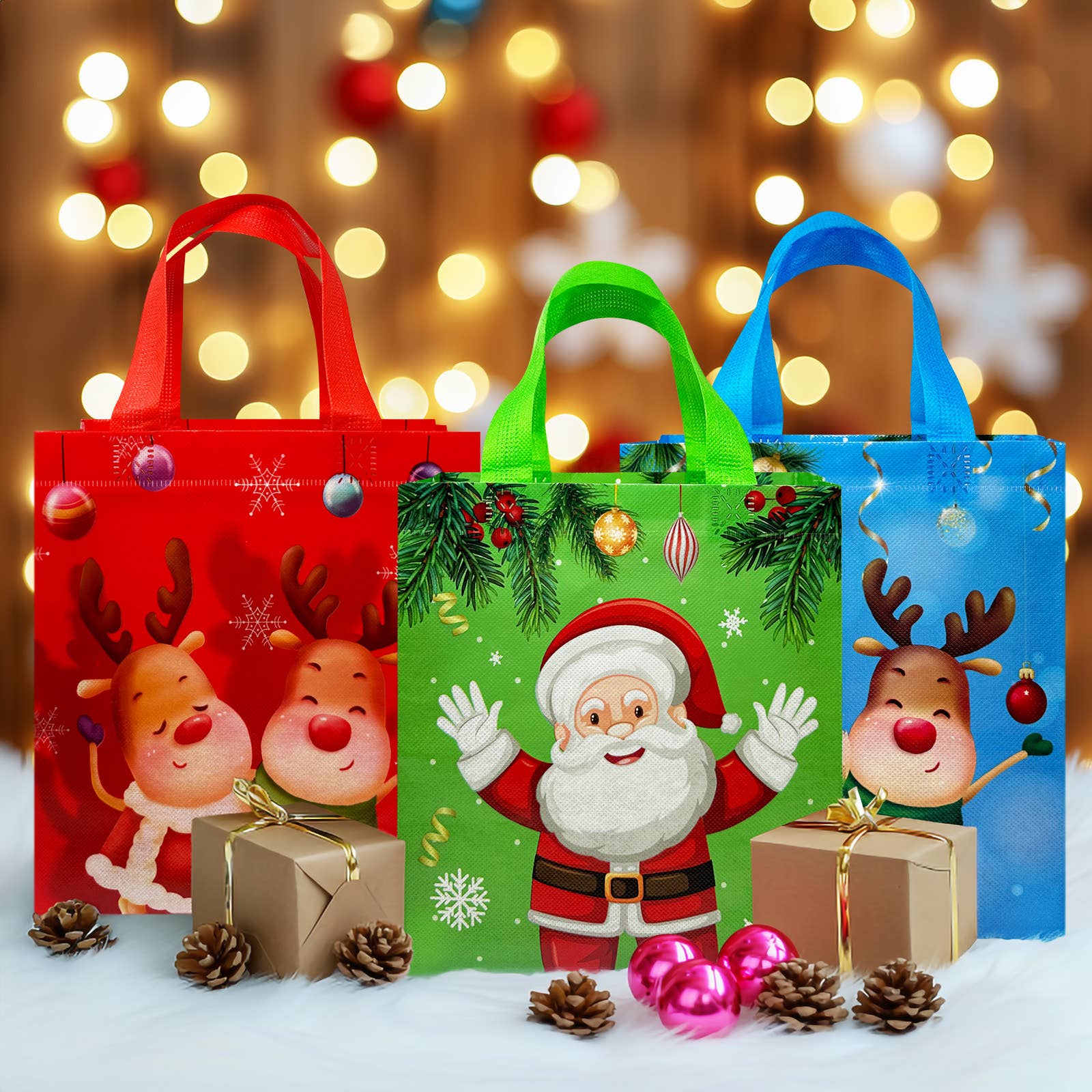 Wrapables Non-Woven Reusable Cheerful Christmas Gift Bags: Santa and Snowman