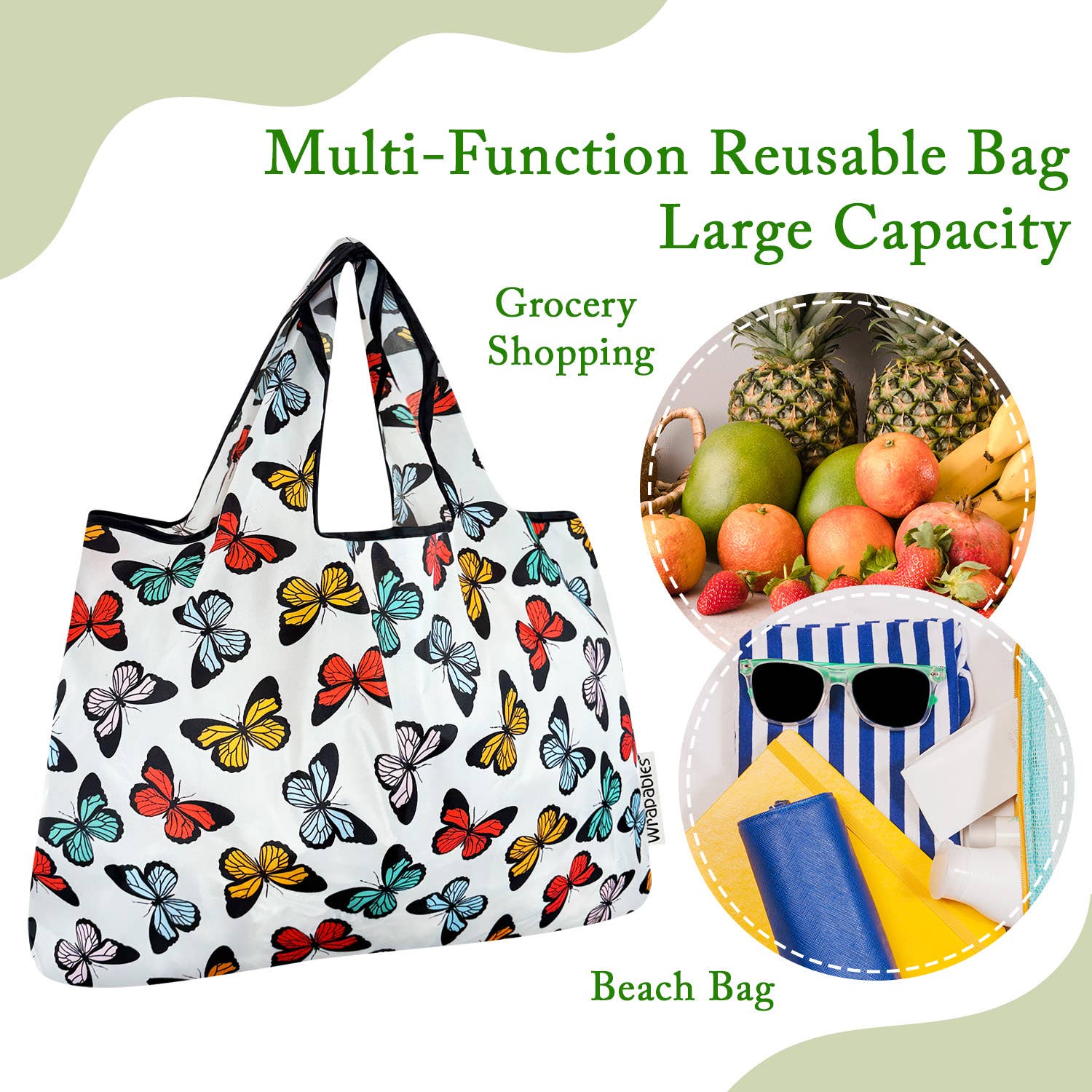 Wrapables Large Nylon Reusable Shopping Bag: Rainbow Butterflies