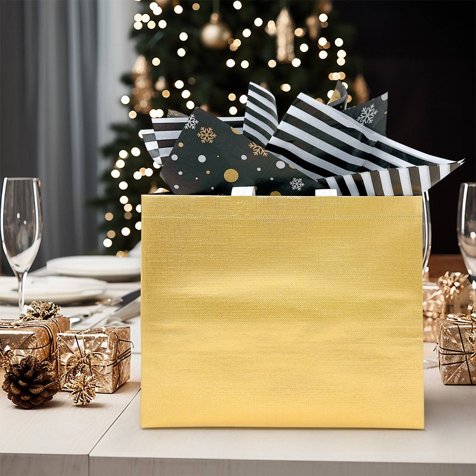 Wrapables Glossy Non-Woven Reusable Gift Bags with Handles: Gold
