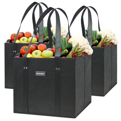 Wrapables 3Pk Heavy Duty Reusable Grocery Bags: Black