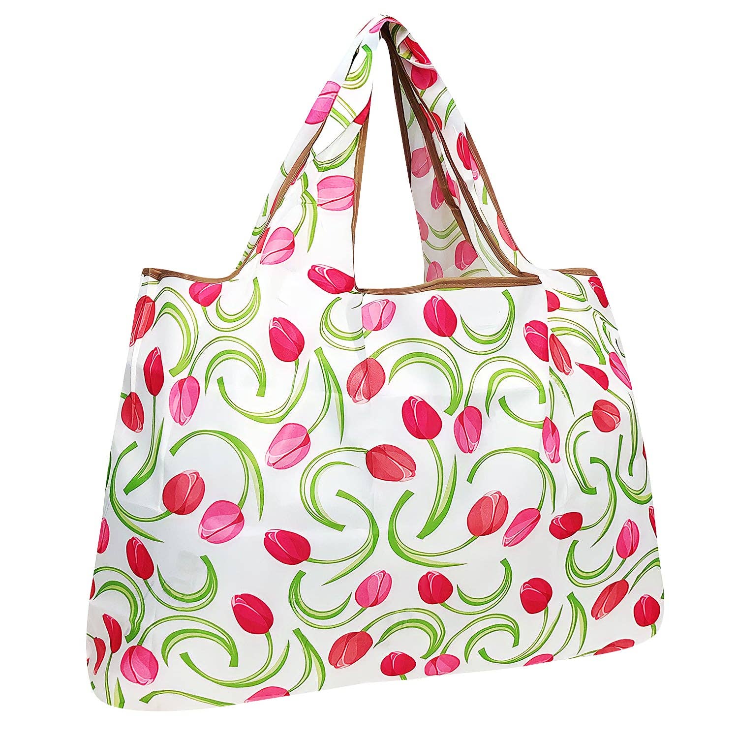 Wrapables Eco-Friendly Large Nylon Reusable Shopping Bag: Pink Tulips