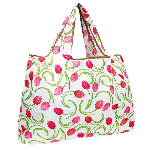 Wrapables Eco-Friendly Large Nylon Reusable Shopping Bag: Pink Tulips