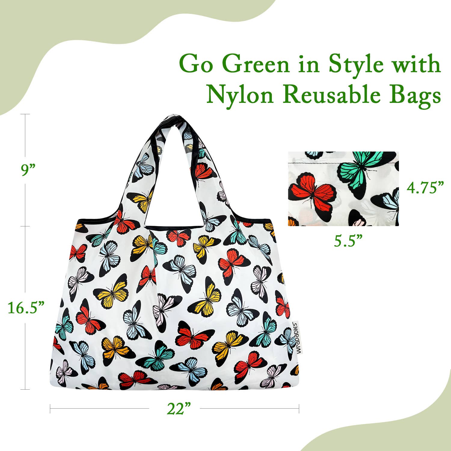 Wrapables Large Nylon Reusable Shopping Bag: Rainbow Butterflies