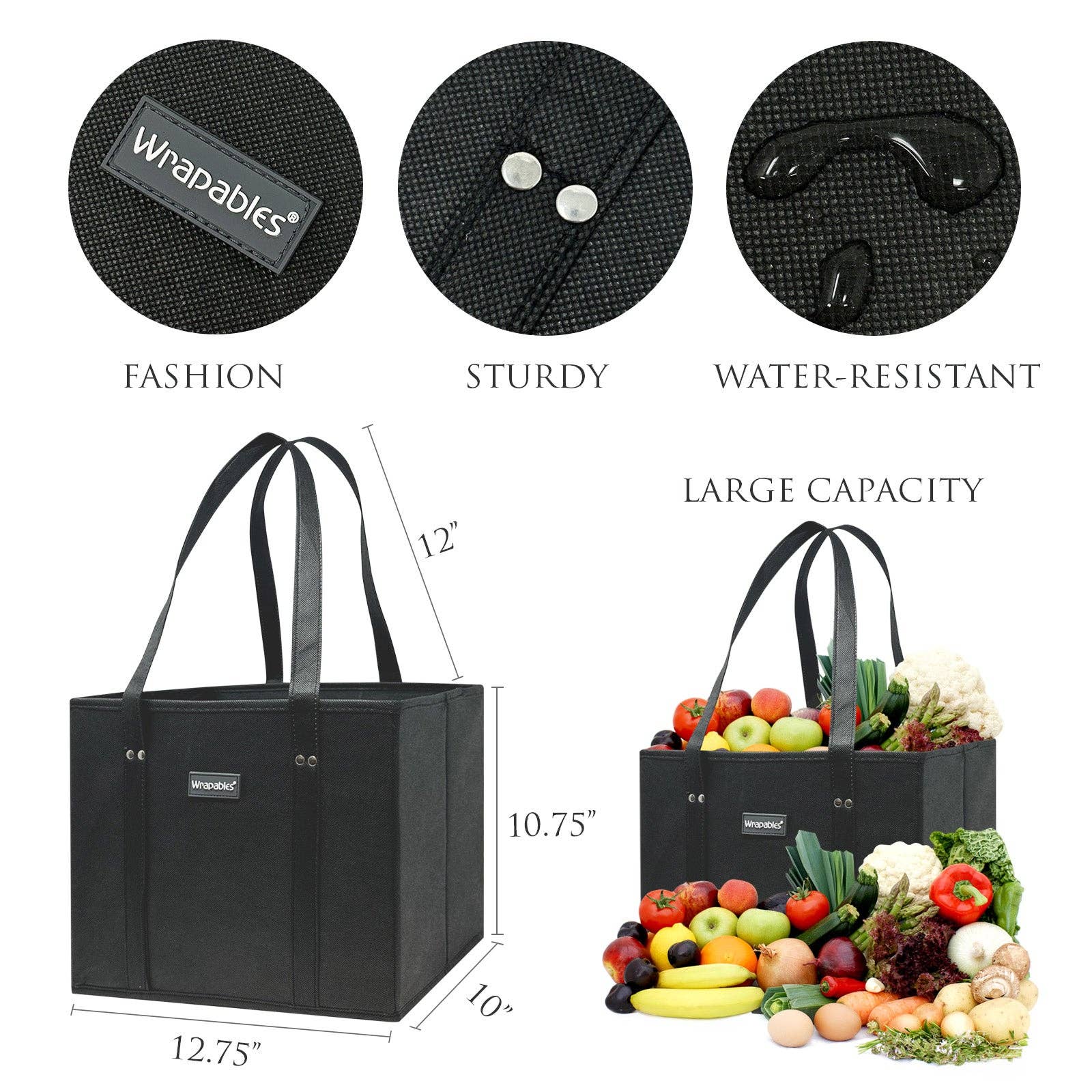 Wrapables 3Pk Heavy Duty Reusable Grocery Bags: Navy