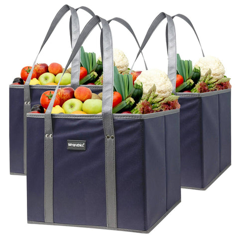 Wrapables 3Pk Heavy Duty Reusable Grocery Bags: Gray