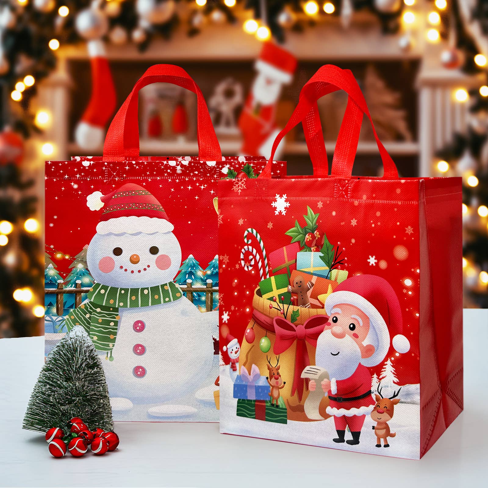Wrapables Non-Woven Reusable Cheerful Christmas Gift Bags: Santa and Snowman