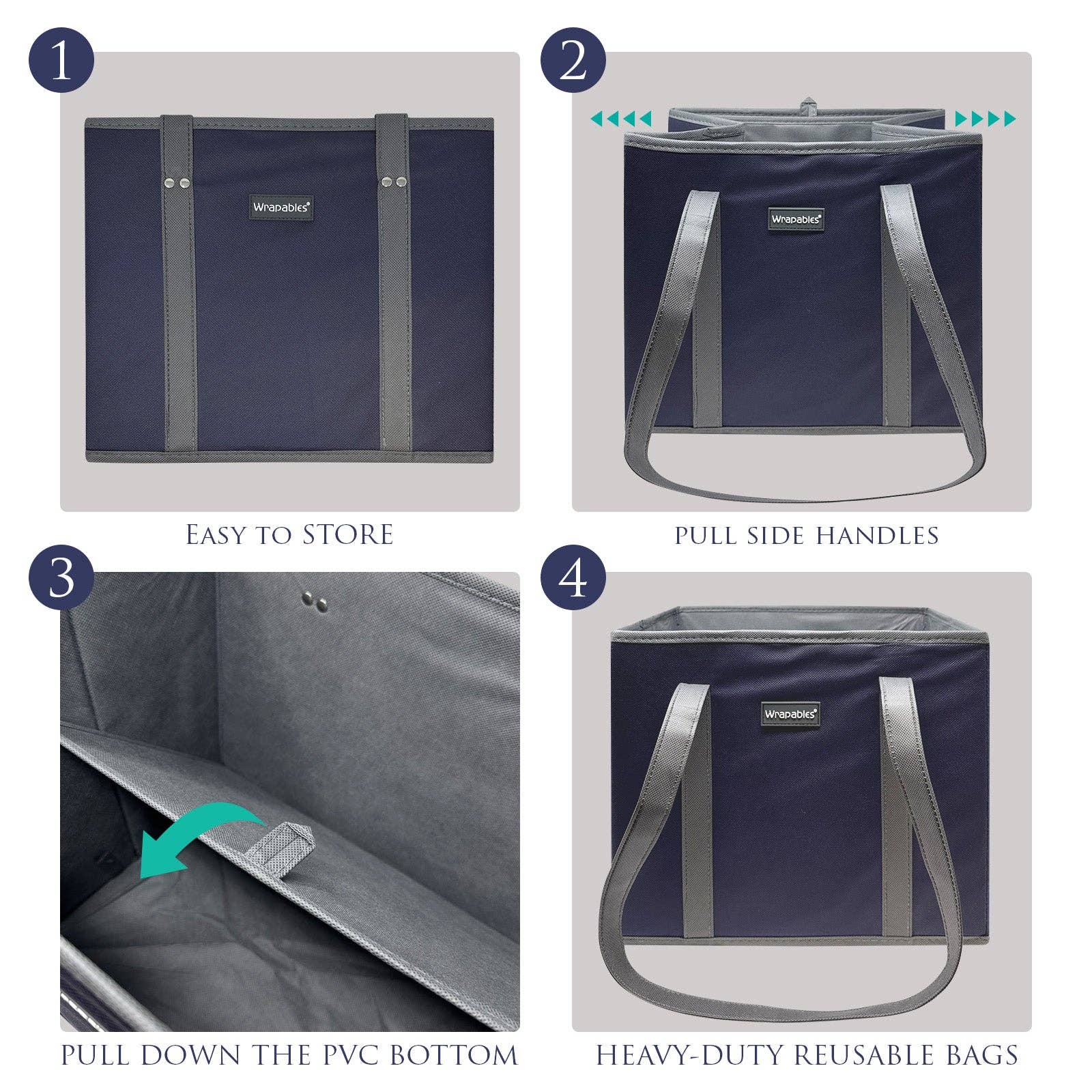 Wrapables 3Pk Heavy Duty Reusable Grocery Bags: Navy