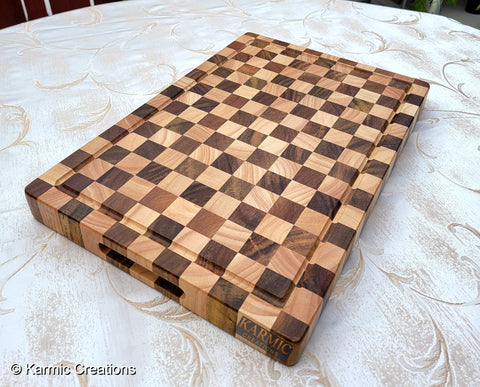 End Grain Checkered Cutting Board (Kitchen Size & BBQ Size): With Juice Groove / Medium