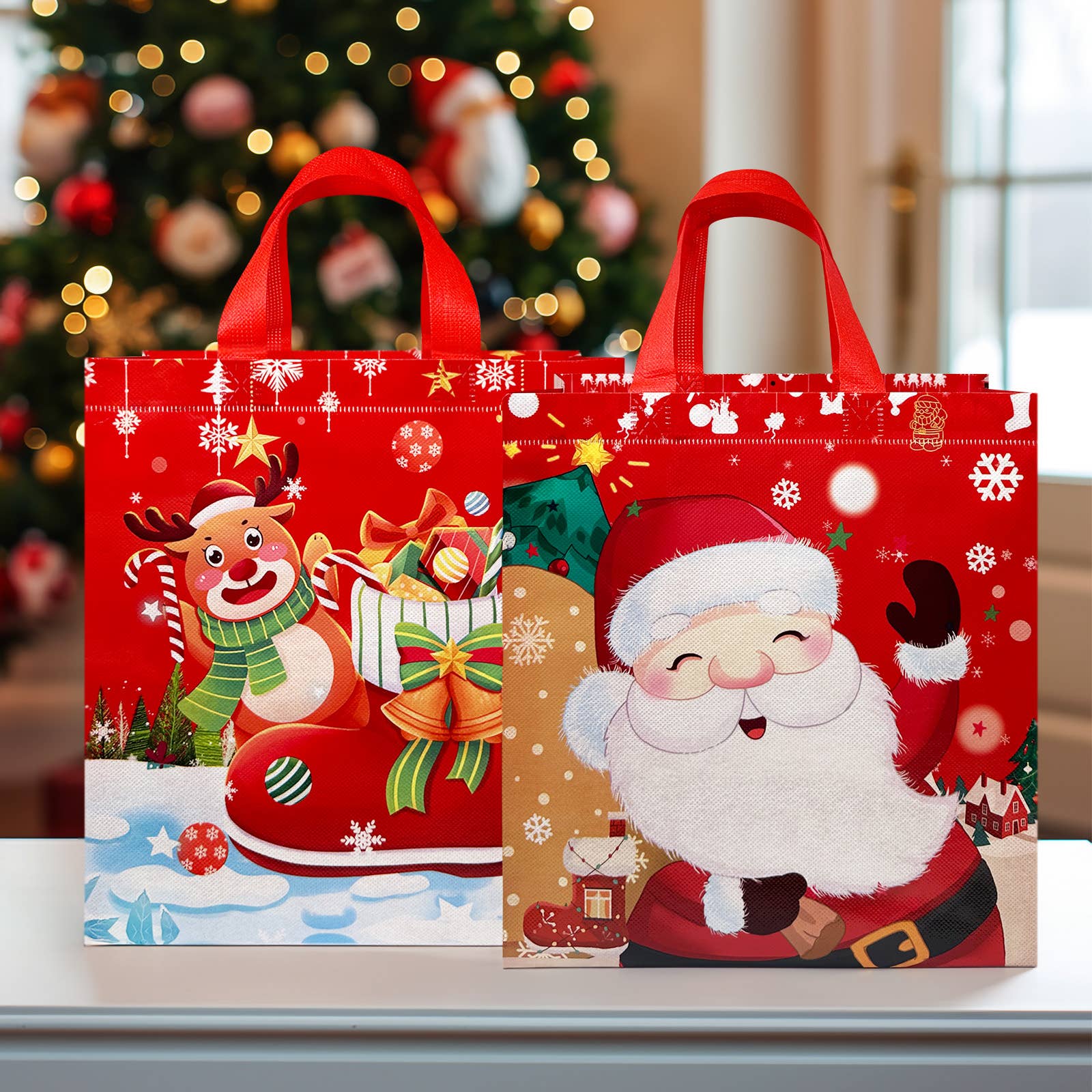 Wrapables Non-Woven Reusable Cheerful Christmas Gift Bags: Santa and Snowman