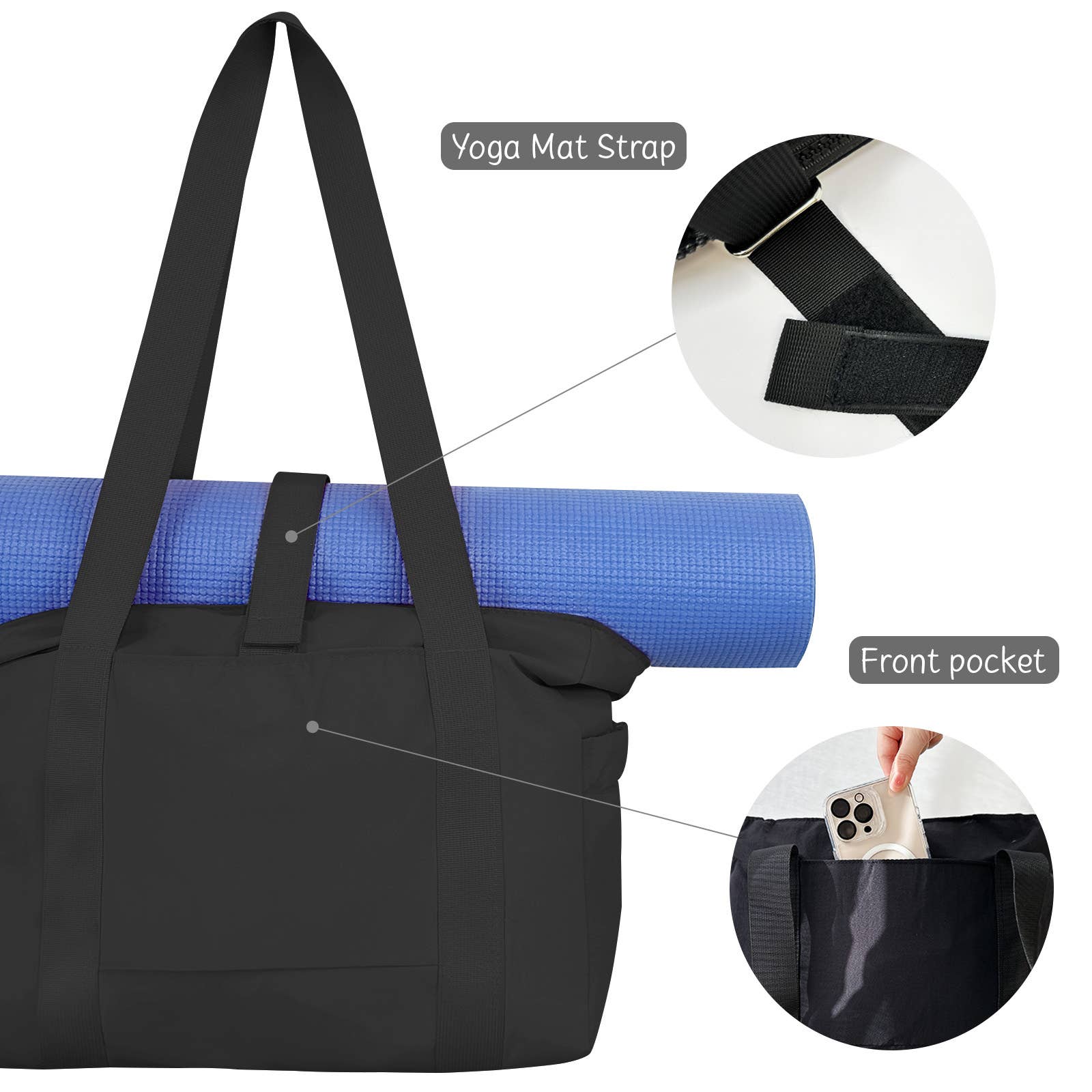 Wrapables Yoga Tote Bag, Gym, Work, Overnight, Travel Bag: Black