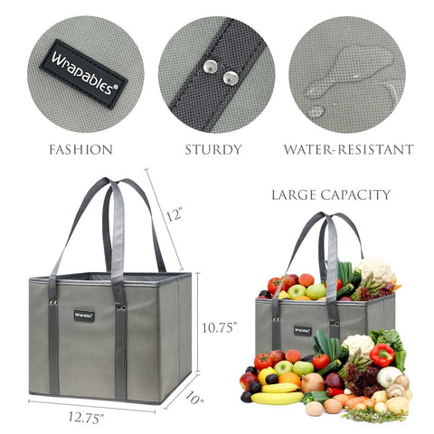 Wrapables 3Pk Heavy Duty Reusable Grocery Bags: Gray