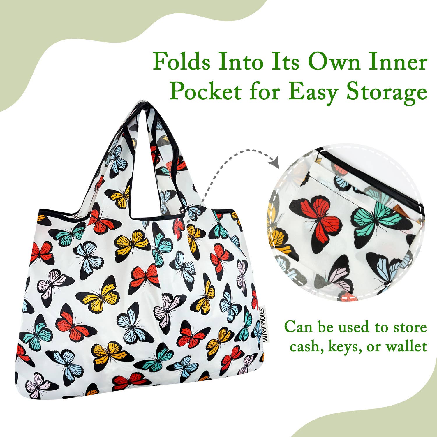 Wrapables Large Nylon Reusable Shopping Bag: Rainbow Butterflies