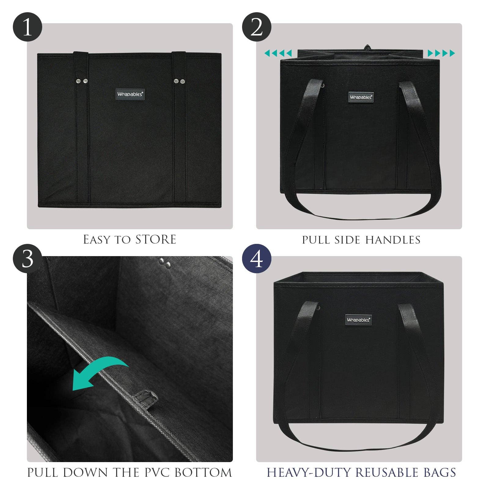 Wrapables 3Pk Heavy Duty Reusable Grocery Bags: Gray